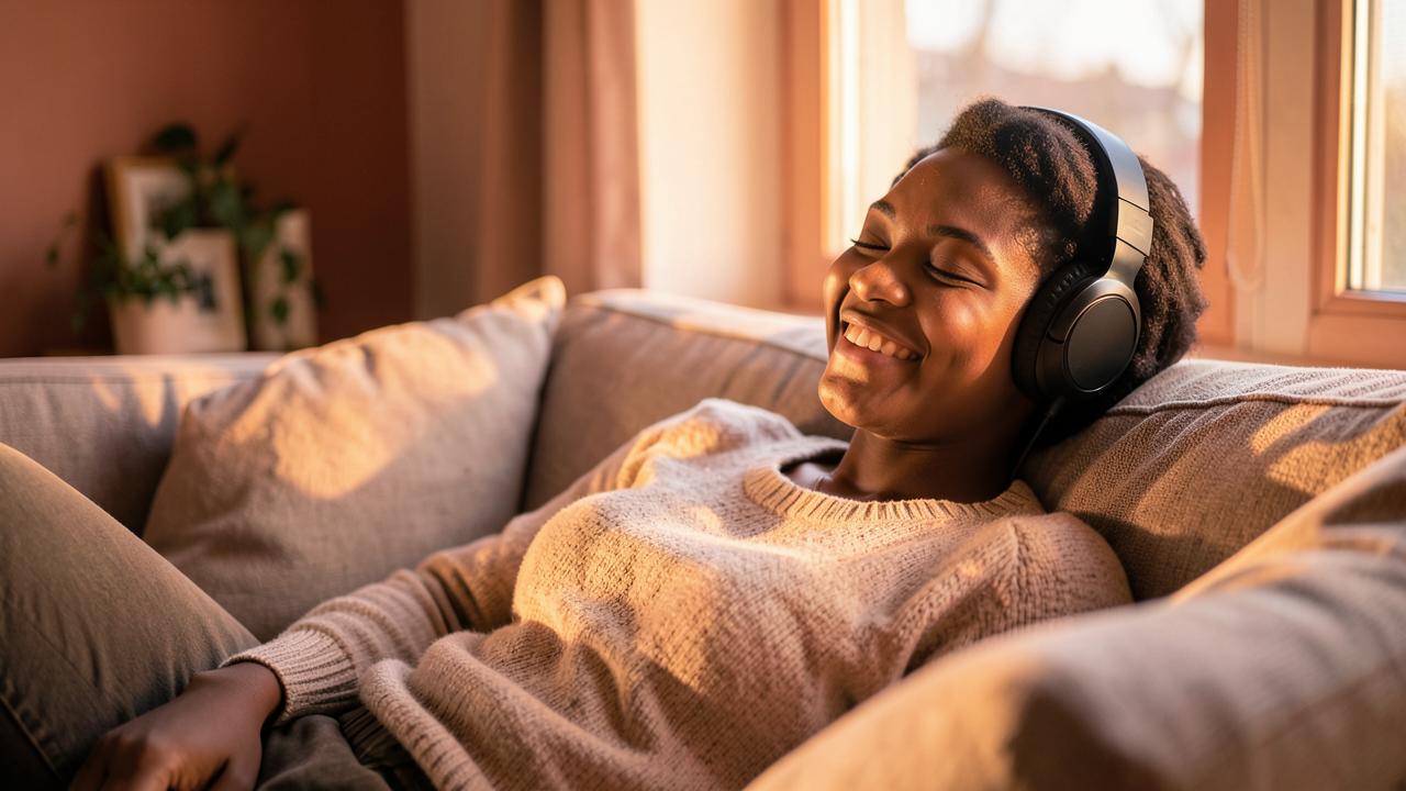 Listener relaxing at home with headphones enjoying music on uSpace